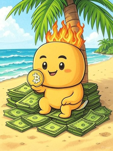 Bitcoin character on tropical beach - representing financial freedom